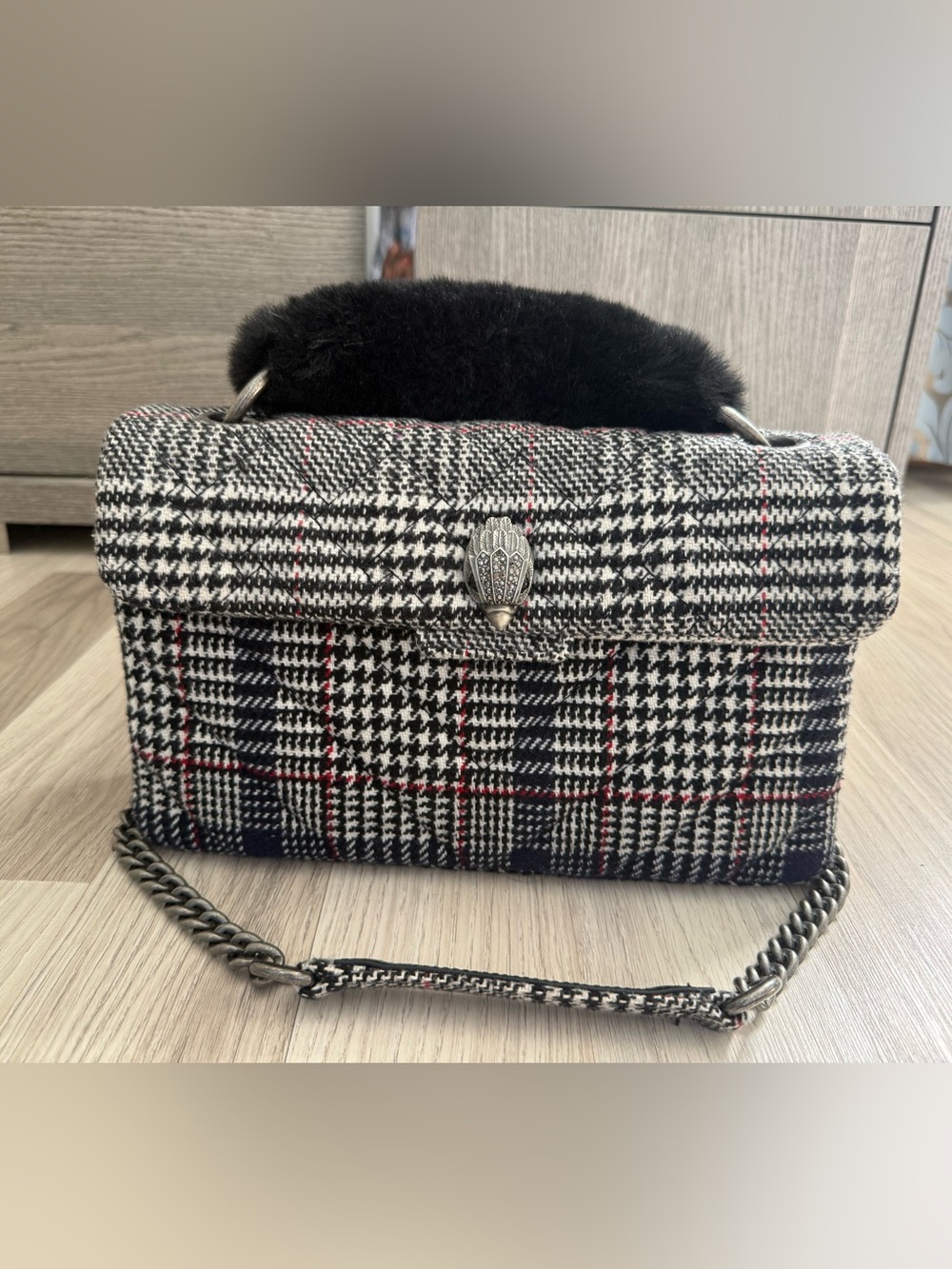 Kurt Geiger Black & White Houndstooth Shoulder Bag with Faux Fur Handle